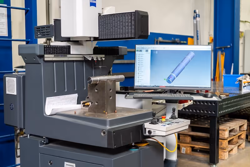 Súradnicový merací stroj Zeiss s upnutým dielom a 3D modelom na monitore