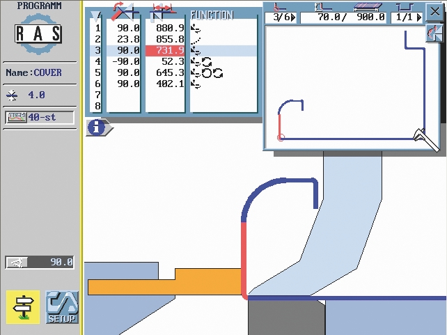 Zobrazení programu, výrobku a ohýbacího kroku na monitore